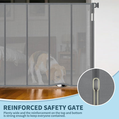 47” Extra Tall Retractable Baby Gate, Reinforced Mesh Dog Gate Extends to 71" Wide, Baby Gate for Stairs, Doorways, Hallways, Indoor and Outdoor, Black
