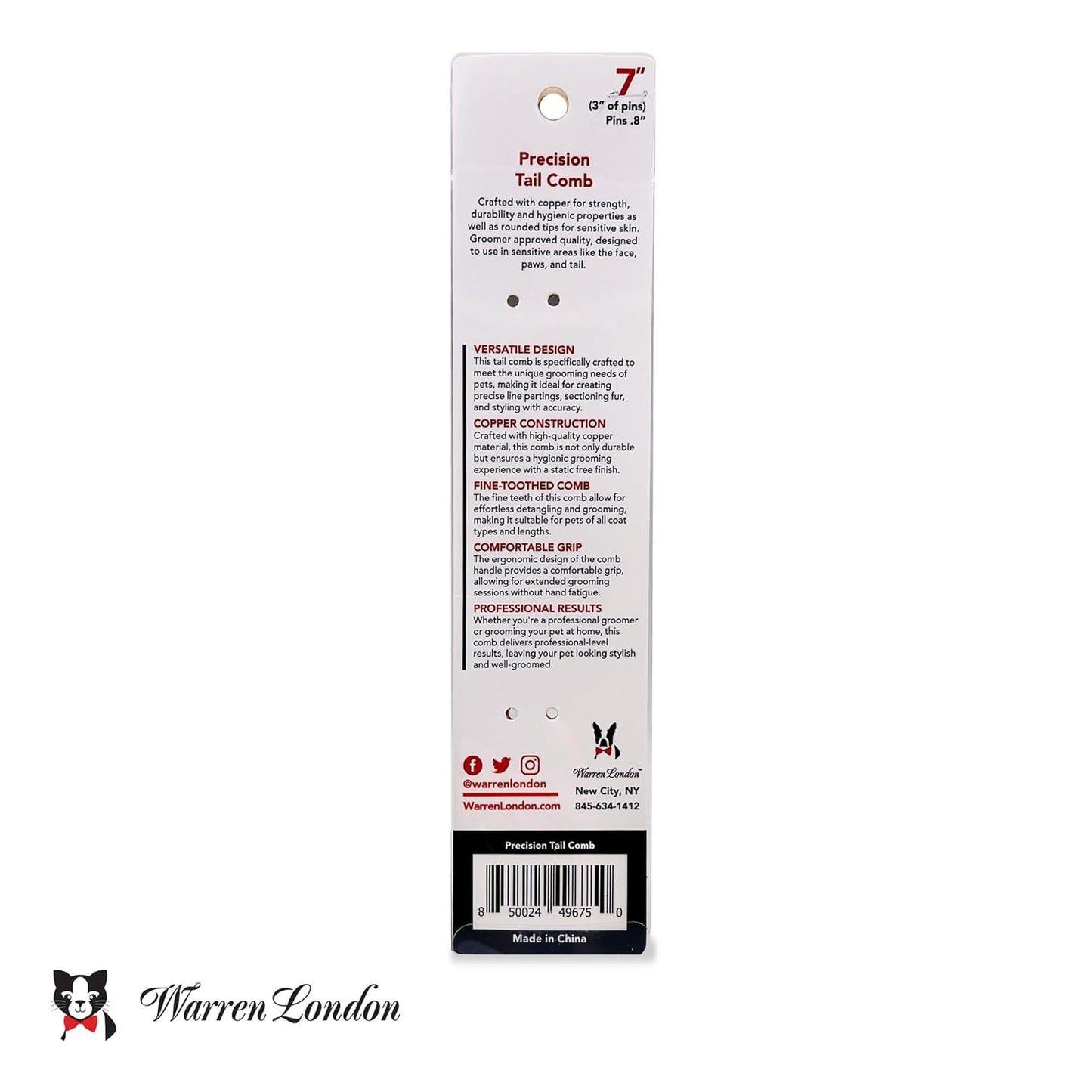 Warren London Cool Cat Greyhound Style Comb – 7.5" Professional Copper Cat Grooming Comb with Fine & Coarse Teeth, Rounded Pins for Detangling/Sensitive Skin, Deshedding & Dematting