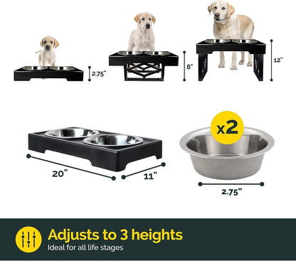 Pet Zone Elevated Dog Bowls Designer Diner 3 Height Adjustable Raised Dog Bowl Stand with 2 Stainless Steel Bowls (7 Cup Capacity Each)