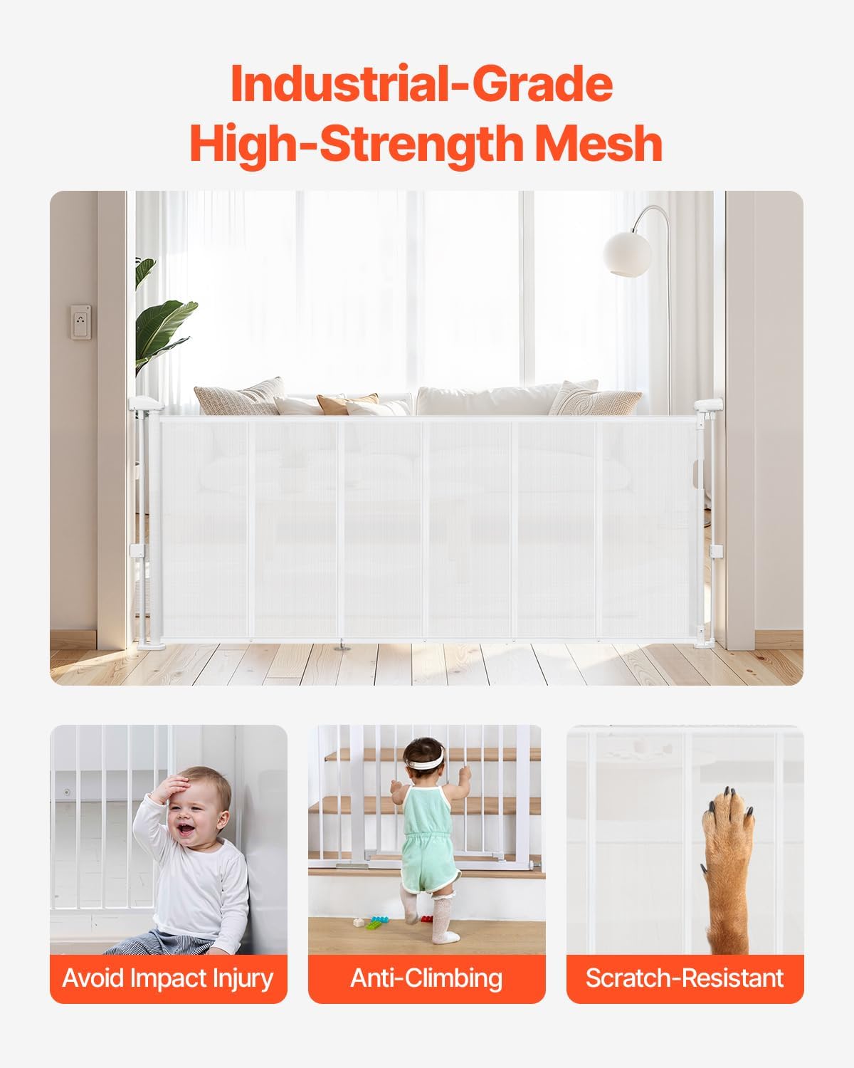 VEVOR Retractable Baby Gate, 34 inch Tall, Extends up to 110 inch Wide, Retractable Gate for Kids or Pets, Mesh Material, Easy to Install for Indoor Stairs, Doorways, Hallways, Playrooms, Gray
