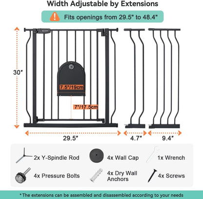COMOMY 29.5-48.4" Baby Gate with Adjustable Cat Door,Extra Wide Metal Cat Gate for Stairs Doorways, Auto Close Dog Gate with Pet Door for House, Pressure Mounted Easy Walk Through (30" Tall, Black)