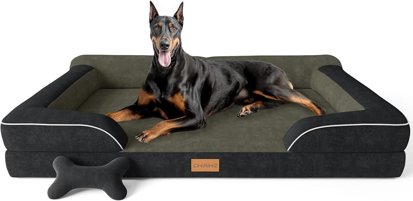 CWAWZ Extra Large Dog Bed, Orthopedic Dog Bed with Cooling Gel Memory Foam, Waterproof XL Pet Bed with Removable Washable Cover, 42" Pet Sofa Couch Dutch Velvet with Bone Toy, Light Gray