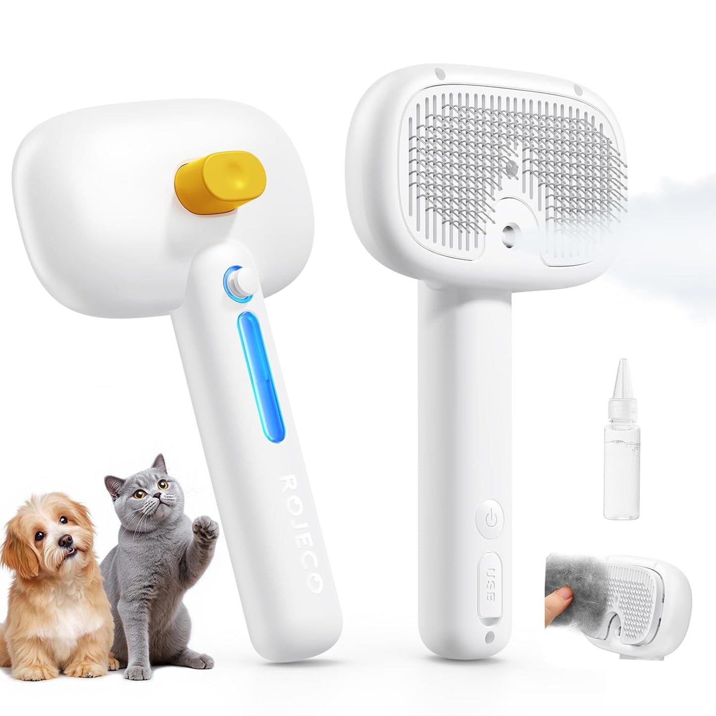 ROJECO 3-in-1 Pet Steam Brush for Cats&Dogs - Detangling Comb with Adjustable Mist, Handheld Deshedding Grooming Tool for Long/Short Hair, Massage Brush & Shedding Control Gift,Cordless,Pink