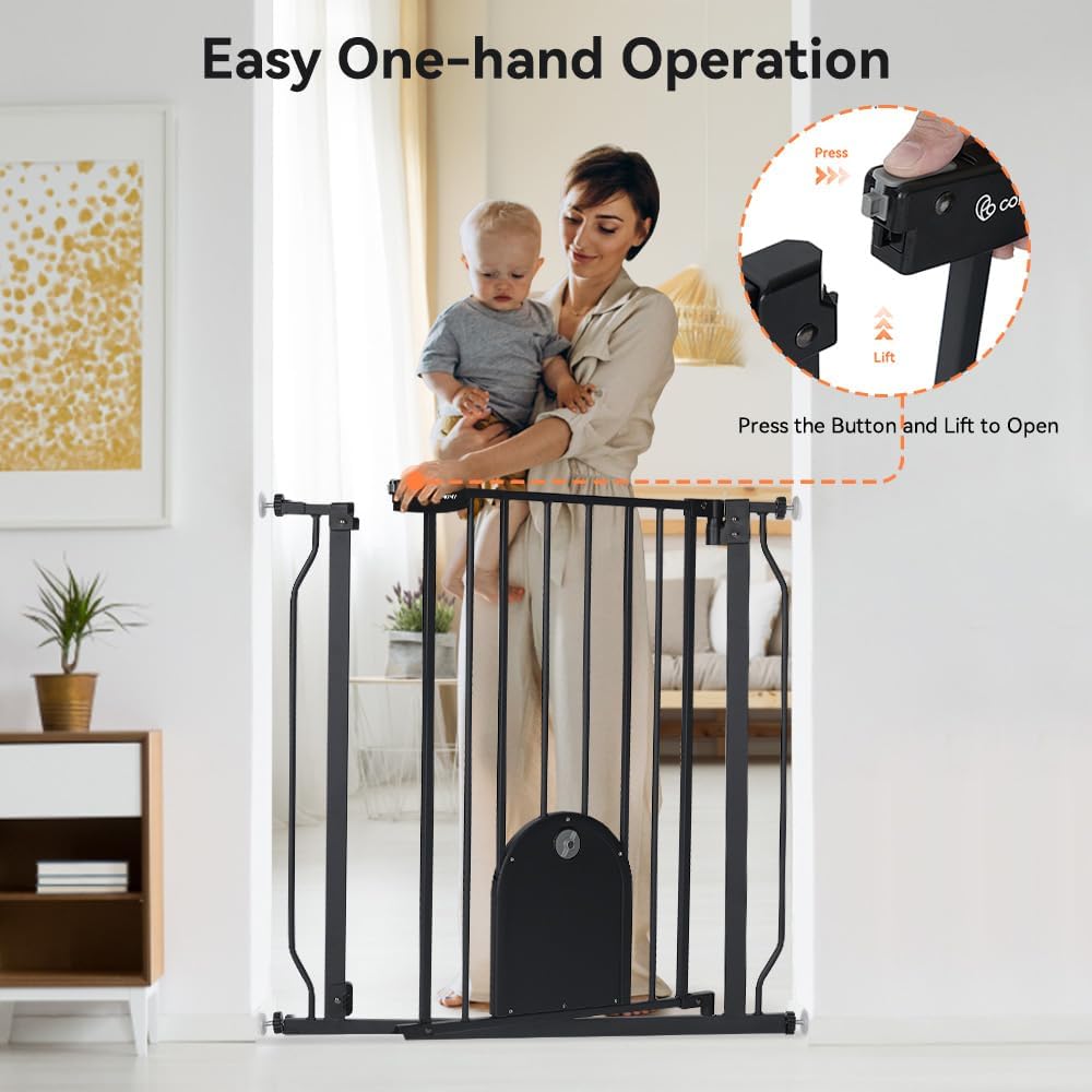 COMOMY 29.5-48.4" Baby Gate with Adjustable Cat Door,Extra Wide Metal Cat Gate for Stairs Doorways, Auto Close Dog Gate with Pet Door for House, Pressure Mounted Easy Walk Through (30" Tall, Black)