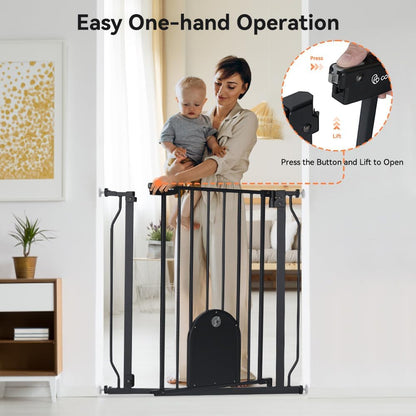COMOMY 29.5-48.4" Baby Gate with Adjustable Cat Door,Extra Wide Metal Cat Gate for Stairs Doorways, Auto Close Dog Gate with Pet Door for House, Pressure Mounted Easy Walk Through (30" Tall, Black)