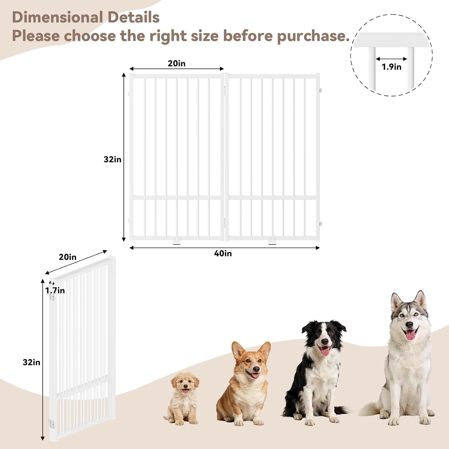 SNUOWU Full Metal Freestanding Dog Gate with Door, 32''Height Foldable Pet Dog Fence for Indoor & Outdoor, 4 Panels Extra Wide Free Standing TallDog Gates for Doorways,House,Stairs,Porch,Deck,Yard