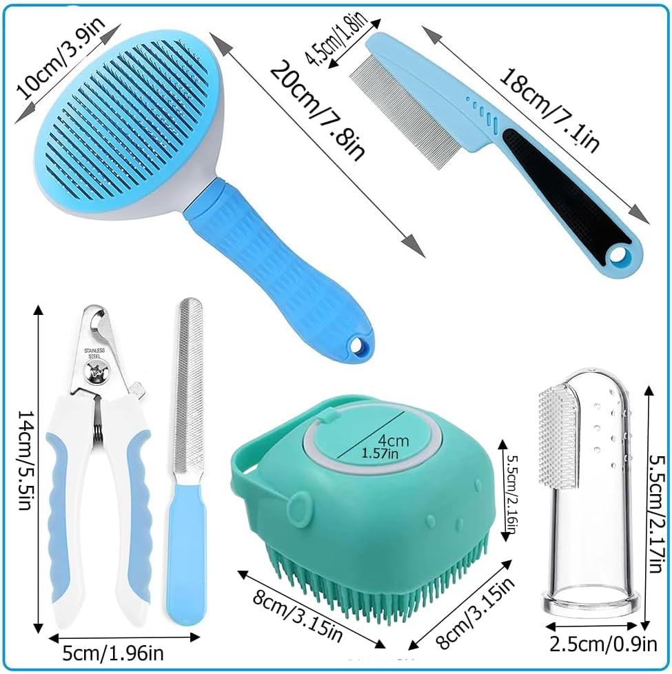 7 Pcs Cat Dog Brush Grooming Kits, Self-Cleaning Slicker Brush, Pet Nail Clipper and File, Flea Comb, Pet Shampoo Bath Brush, Pet Finger Toothbrush, Storage Bag (Pink)