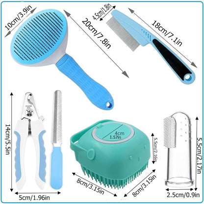 7 Pcs Cat Dog Brush Grooming Kits, Self-Cleaning Slicker Brush, Pet Nail Clipper and File, Flea Comb, Pet Shampoo Bath Brush, Pet Finger Toothbrush, Storage Bag (Pink)