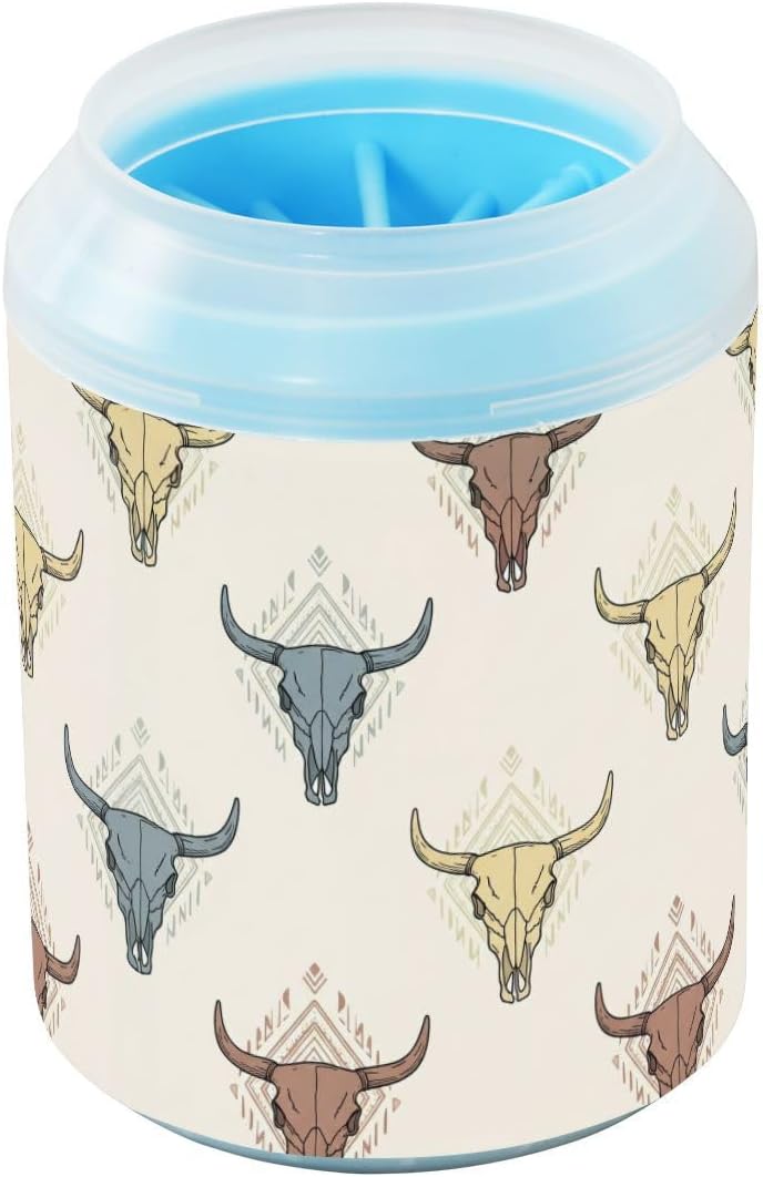 Western Skull Beige Pattern Dog Paw Cleaner Cup with Soft Silicone Brush, Small Portable Lightweight Muddy Paw Washer for Dogs, Easy to Use Pet Foot Cleaner