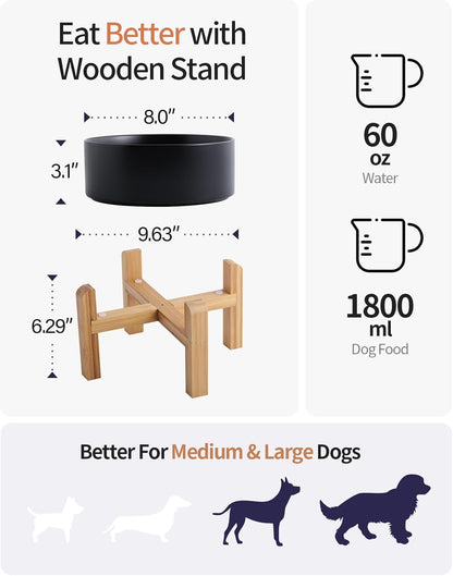 Black Elevated/Raised Dog Bowl Ceramic with Wood Stand for Medium Large Breed,Dog Food Water Dish Heavy Weighted,8 in Non Slip Modern Cute Porcelain Pet Bowl Extra Large