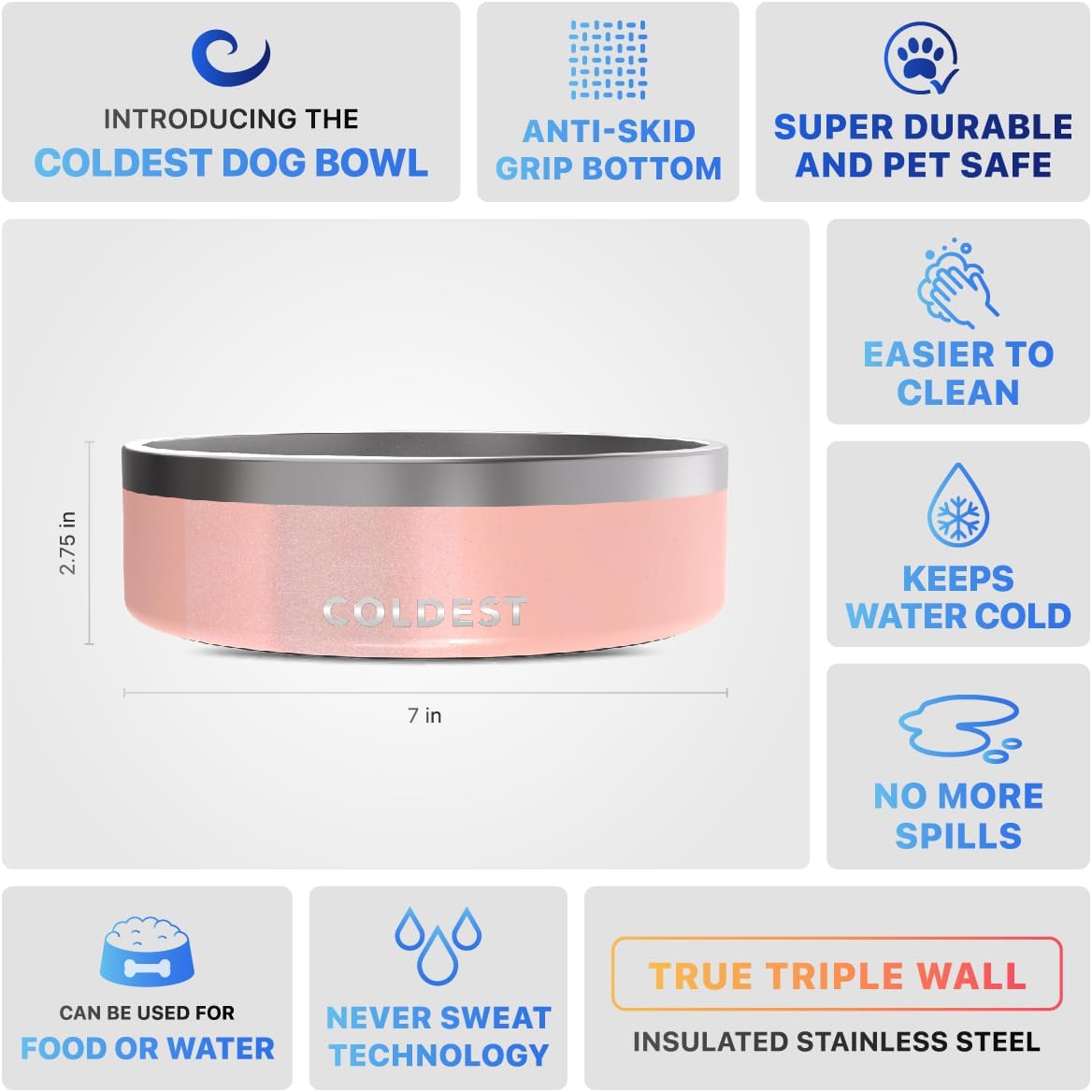 Coldest Dog Bowl - Anti Rust Metal, Non Slip, 3 Layers Insulated Stainless Steel Dog Bowls - Spill Proof & Heavy Duty - Water Bowl for Dogs, Cats & Pets, Dish Washer Safe (21 oz, Stealth Black)