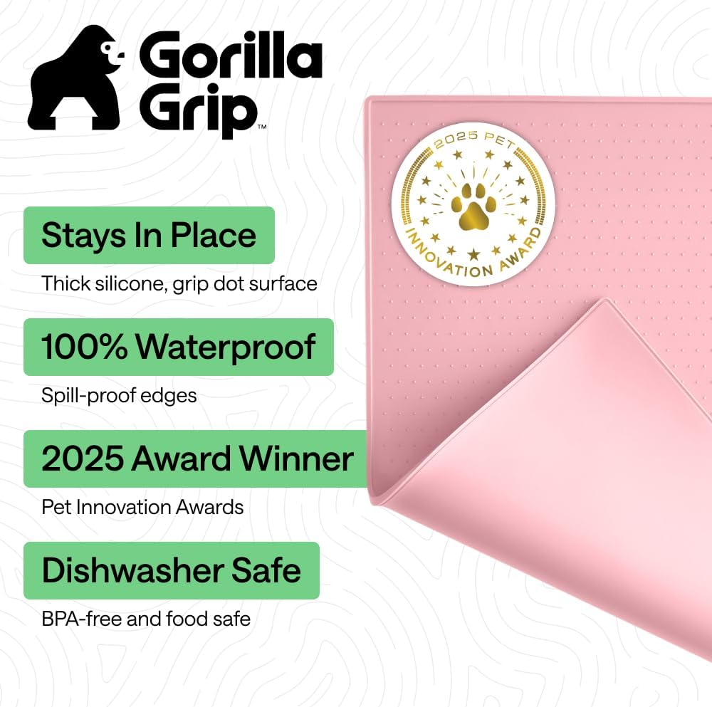 GORILLA GRIP 100% Waterproof Raised Edge BPA Free Silicone Pet Feeding Mat, Dog Cat Food Mats Contain Spills Protects Floors, Placemats for Cats and Dogs Water Bowl, 18.5x11.5, Gray