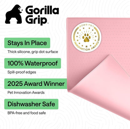 GORILLA GRIP 100% Waterproof Raised Edge BPA Free Silicone Pet Feeding Mat, Dog Cat Food Mats Contain Spills Protects Floors, Placemats for Cats and Dogs Water Bowl, 18.5x11.5, Gray