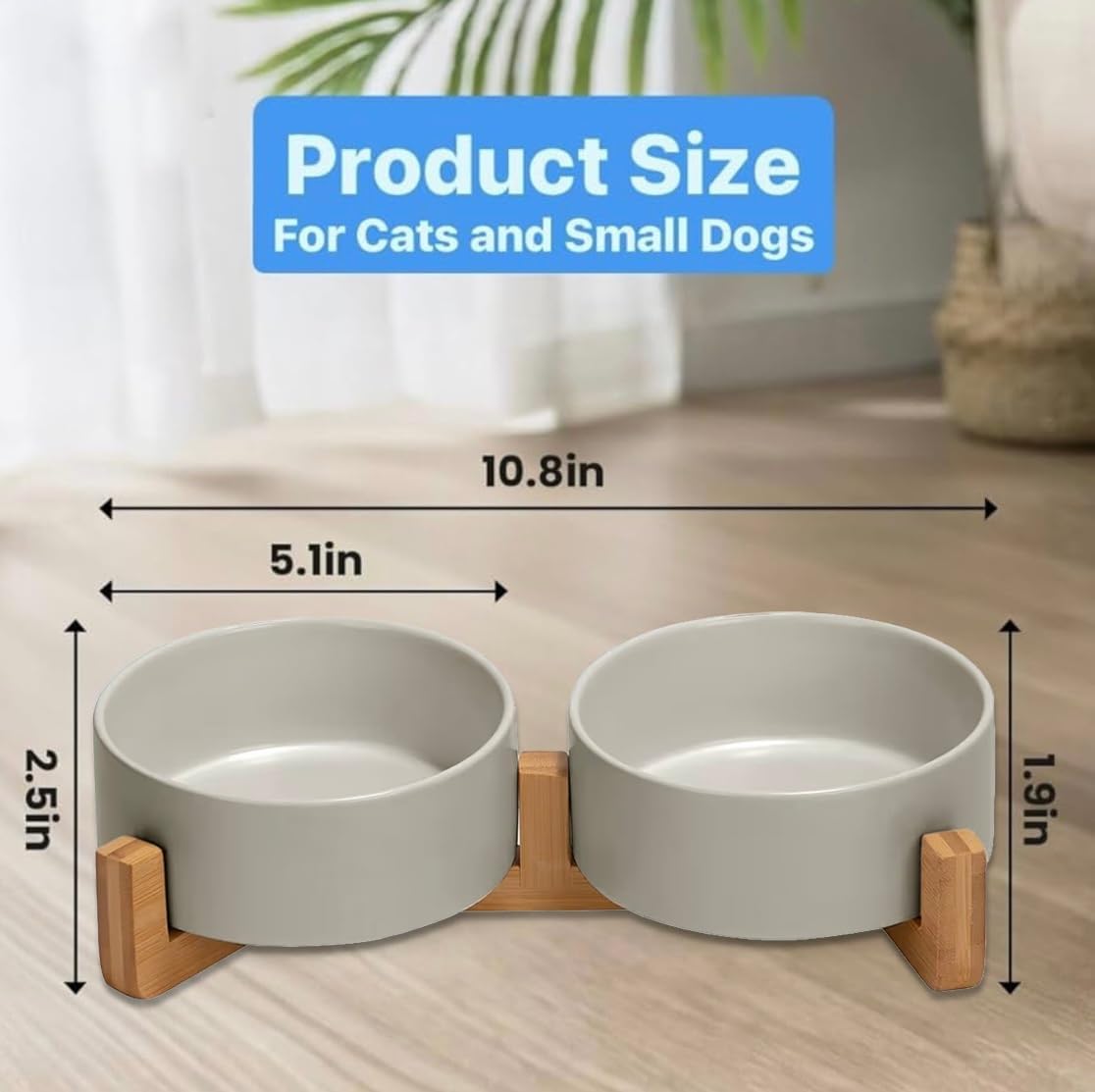 Ceramic Cat and Small Dog Bowl Set – Modern Indoor Small Size Pet Food and Water Bowls with Wood Stand – Non Slip Puppy Sized Feeding Station with Double Dishes (Gray)