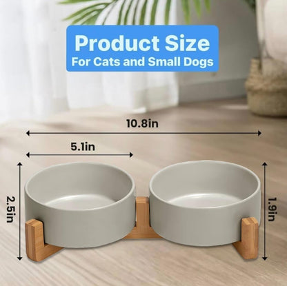 Ceramic Cat and Small Dog Bowl Set – Modern Indoor Small Size Pet Food and Water Bowls with Wood Stand – Non Slip Puppy Sized Feeding Station with Double Dishes (Gray)