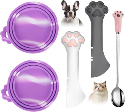 Comtim 5 PCS Pet Food Can Lids & Spoons Set - Silicone Dog Cat Covers With Multi-Function Spatula Opener for Wet Food - Long Handle Easy to Scoop