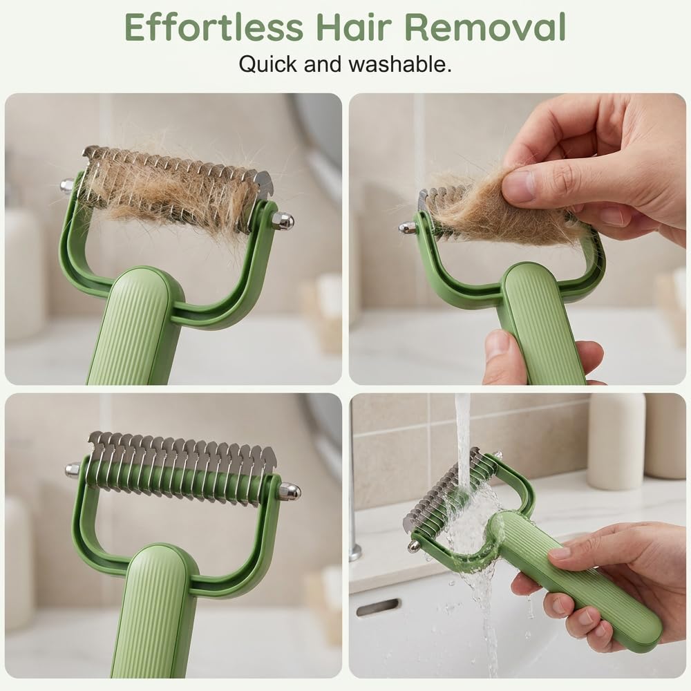 Double Sided Dematting Comb for Dogs and Cats – Undercoat Rake Pet Grooming Tool for Shedding, Tangles & Matted Fur, Stainless Steel Deshedding Brush for Long Haired & Thick Coat Pets (Green & Gray)