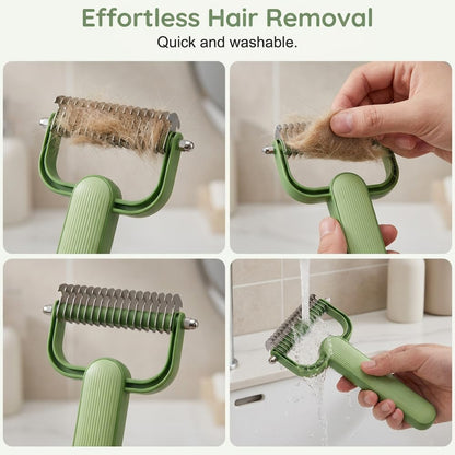 Double Sided Dematting Comb for Dogs and Cats – Undercoat Rake Pet Grooming Tool for Shedding, Tangles & Matted Fur, Stainless Steel Deshedding Brush for Long Haired & Thick Coat Pets (Green & Gray)