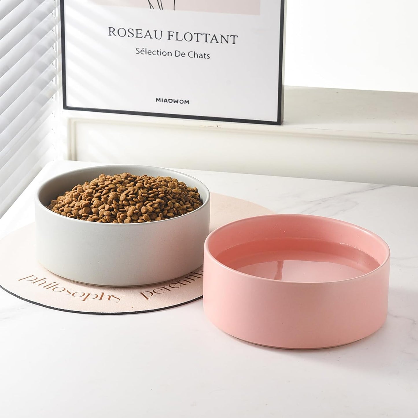 6'' Ceramic Raised Dog Bowl - 30Oz Dog Food & Water Bowl with Elevated Non-Slip Bamboo Stand, Dishwasher & Microwave Safe, Anti Vomiting Heavy Duty Pet Bowl for Small and Medium Dogs, White