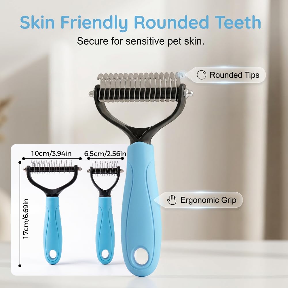Dematting Comb for Dogs and Cats, Double-Sided Tooth Dematting Comb Undercoat Rake Pet Grooming Brush for Shedding, Detangler Comb for Long Haired Dogs Cats (Big Blue)