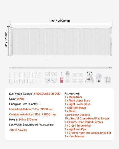 VEVOR Retractable Baby Gate, 34 inch Tall, Extends up to 110 inch Wide, Retractable Gate for Kids or Pets, Mesh Material, Easy to Install for Indoor Stairs, Doorways, Hallways, Playrooms, Gray