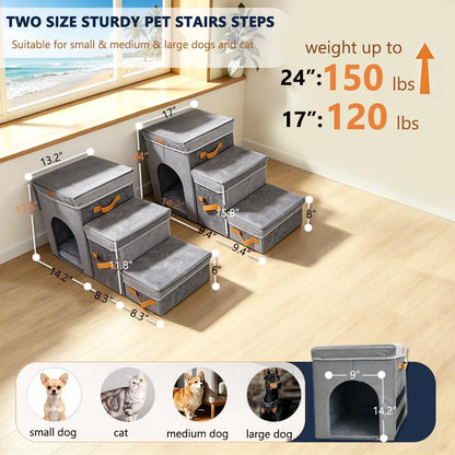 17" H Dog Stairs for High Beds, Multifunctional Pet Ramp with Storage & Condo for Small Medium Large Older Dog, 3-Step Foldable Cat Stairs for Climbing Car Sofa,Supports up to 120 Lbs