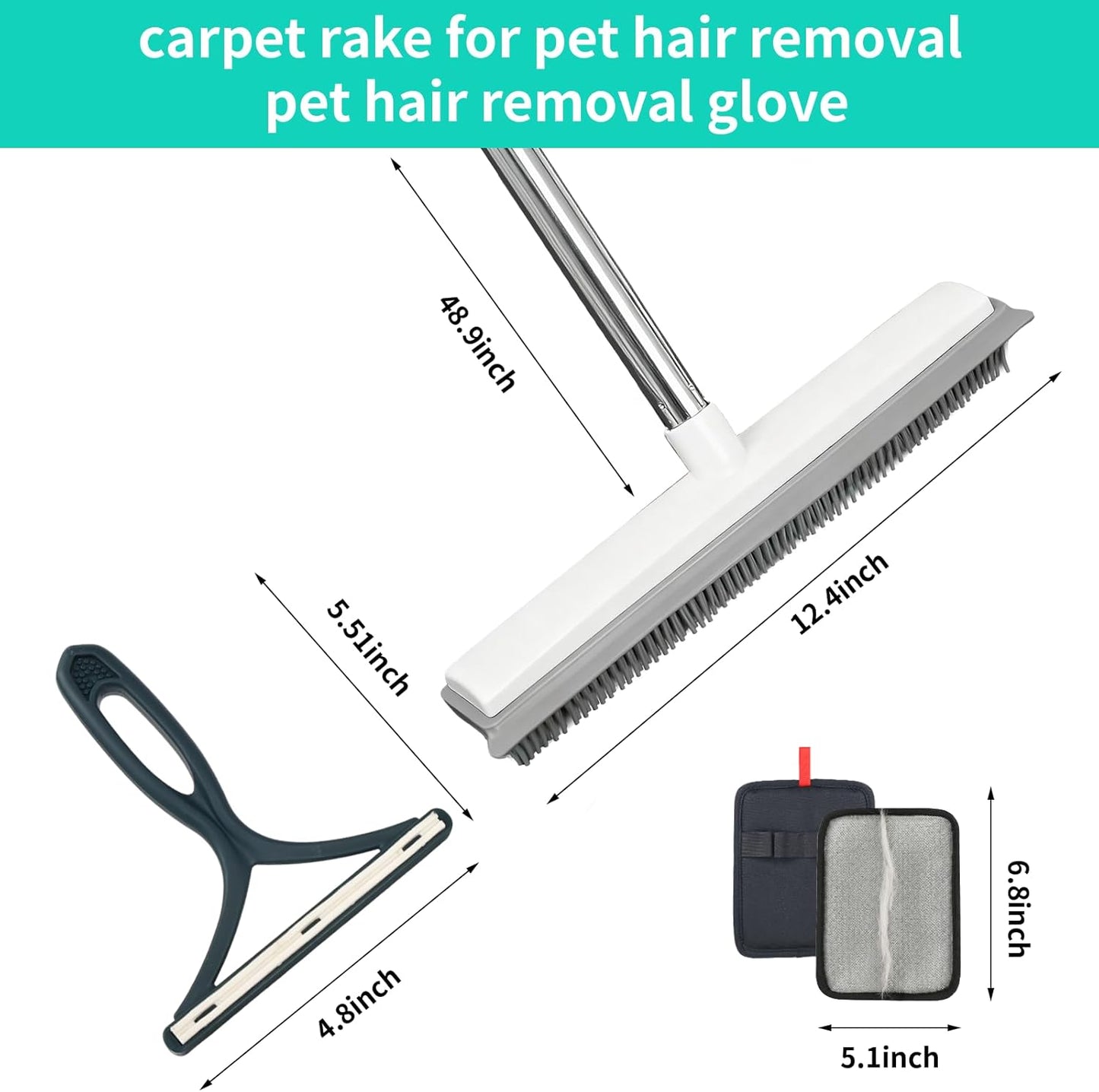 Carpet Rake for Pet Hair Removal, 4-Piece Pet Hair Remover Tool Kit with Adjustable Rubber Broom, Glove & Scraper for Dog Cat Hair, Rugs, Couch, Car