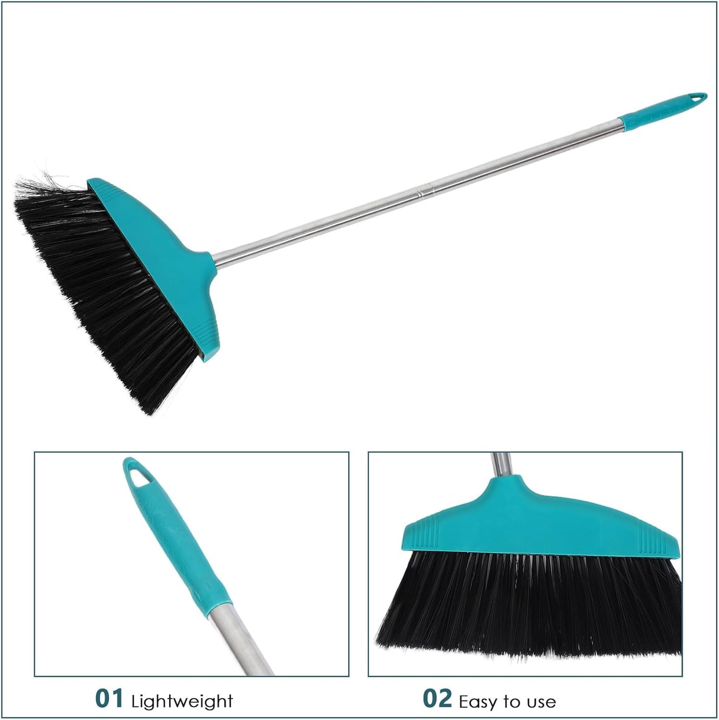 Heavy Duty Floor Broom with Soft Bristles, Wide Angle Sweeping Brush for Pet Hair and Lawn, Long Handle Green Broom for Indoor and Outdoor Cleaning