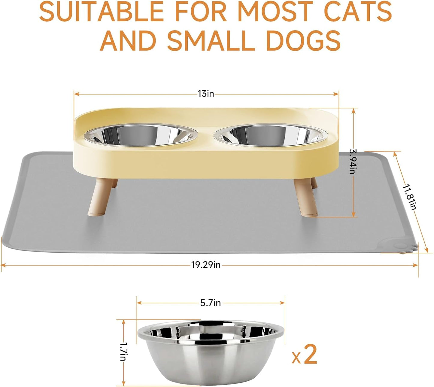 Elevated Cat Bowl, Raised Cat Food and Water Bowl Set for Indoor Cats, Splash Proof with 2 Stainless Steel Pet Food Bowls for Cats and Puppies, Whisker Fatigue and Dishwasher Safe - White