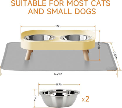 Elevated Cat Bowl, Raised Cat Food and Water Bowl Set for Indoor Cats, Splash Proof with 2 Stainless Steel Pet Food Bowls for Cats and Puppies, Whisker Fatigue and Dishwasher Safe - White