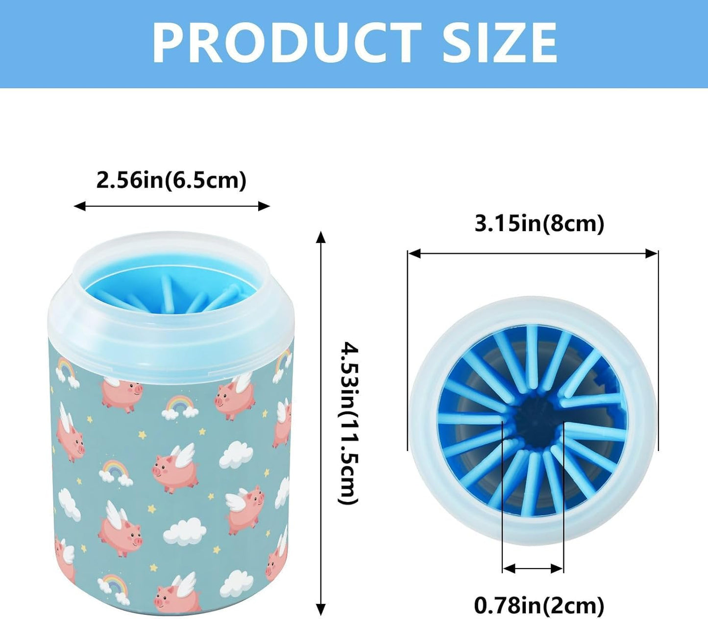 Pigs Clouds Blue Print Dog Paw Cleaner Cup with Soft Silicone Brush, Lightweight Portable Small Muddy Paw Washer for Dogs, Easy to Use Pet Foot Cleaner