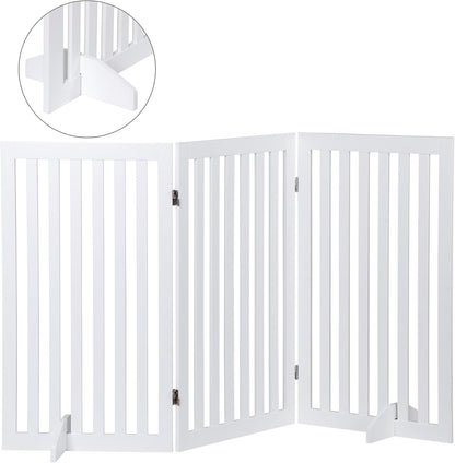 24 Inch Freestanding Indoor Retractable Dog Gate Pet Gate for Stairs, Hallways or Doorways 3 Panels Indoor Foldable Puppy Dog Fence Wooden Safety Fence, White