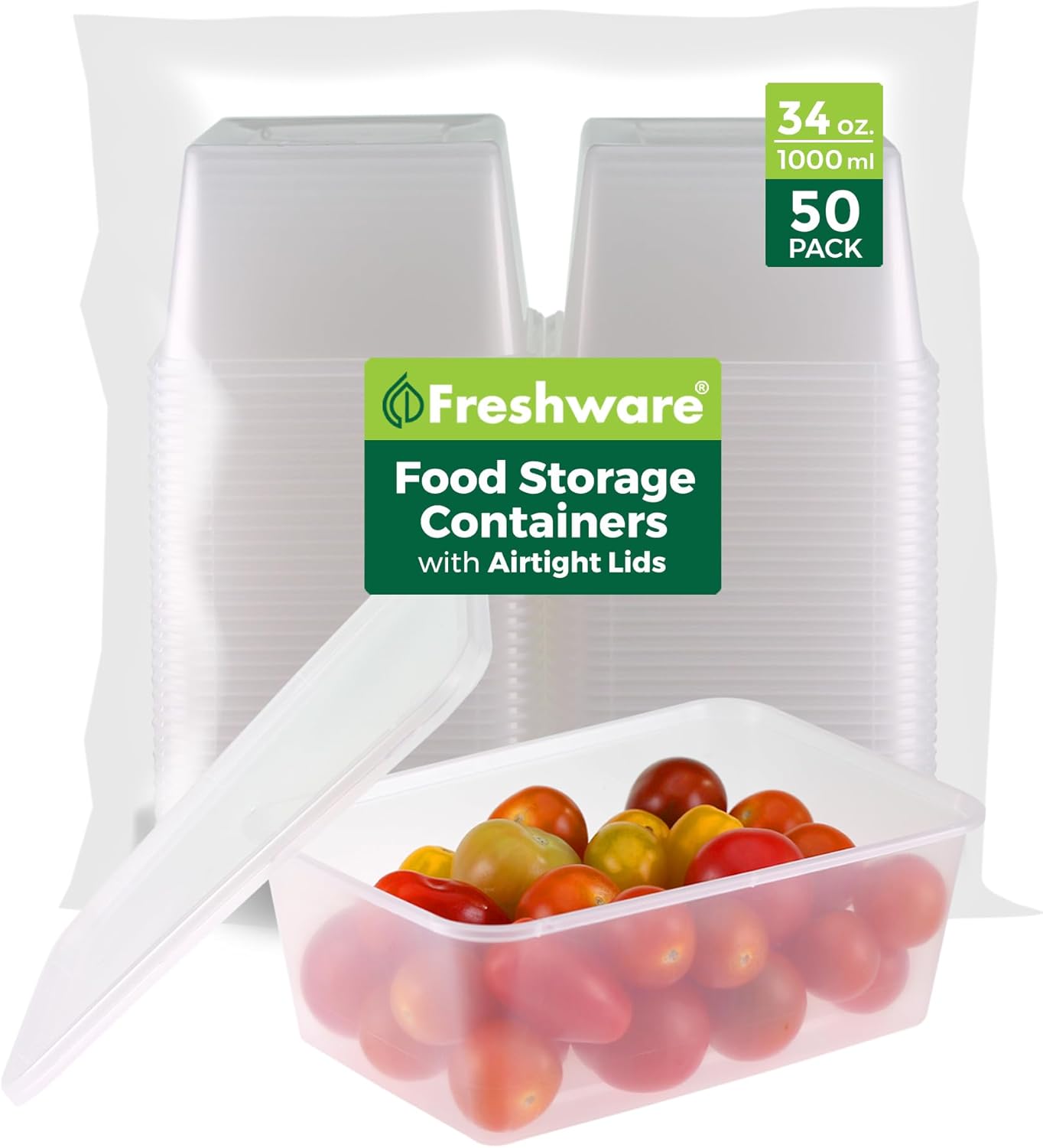 Freshware Food Storage Containers [50 Set] 25 oz Plastic Deli Containers with Lids, Slime, Soup, Meal Prep Containers, BPA Free, Stackable, Leakproof, Microwave, Dishwasher and Freezer Safe