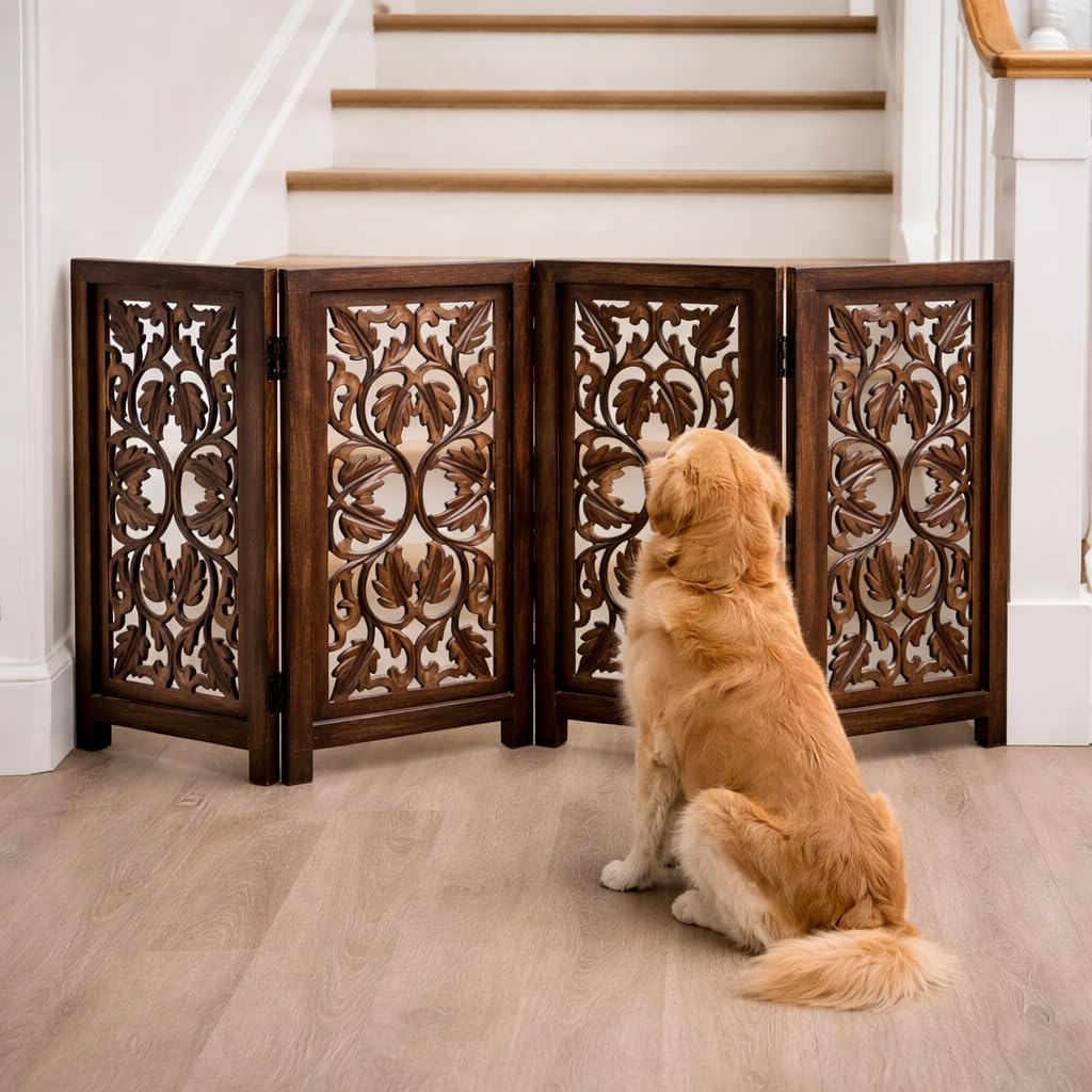 Freestanding Pet Gate for Dogs, Foldable Wooden Dog Gate for House, Indoor Dog Gate for Stair, Doorway, House Design Gates for Dogs Indoor, 72 Inch Wide, (18" x4 Panels 72 inch), Burnt Finish