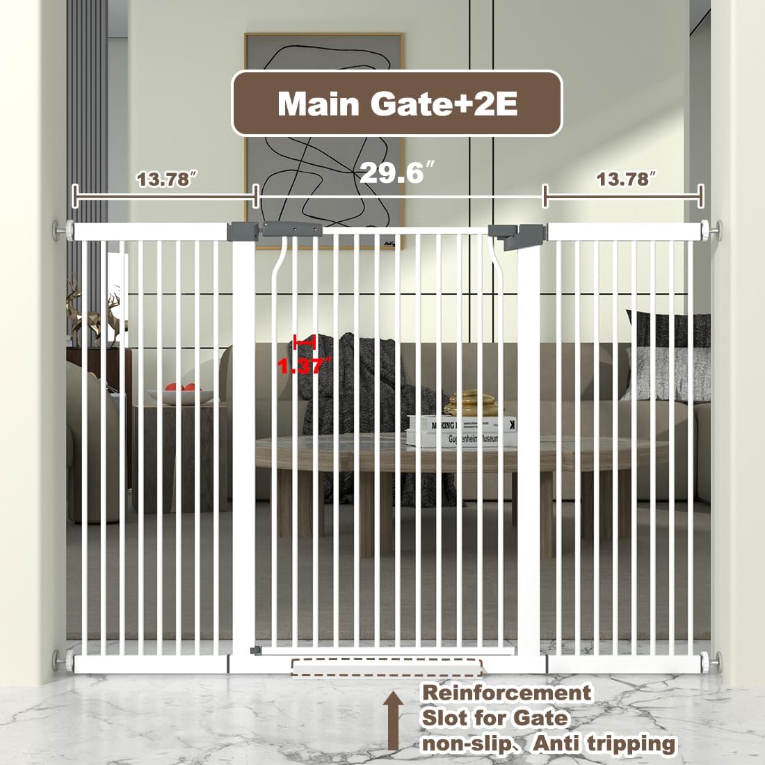 41" Extra Tall Cat Gate for Doorway, 49.2-54.7 Metal Pet Baby Safe Gate, Extra Wide Pressure Mounted Child Door with Expansion Kit, No Drilling No Climb Cat Fence Indoor, Tall Dog Gate, White