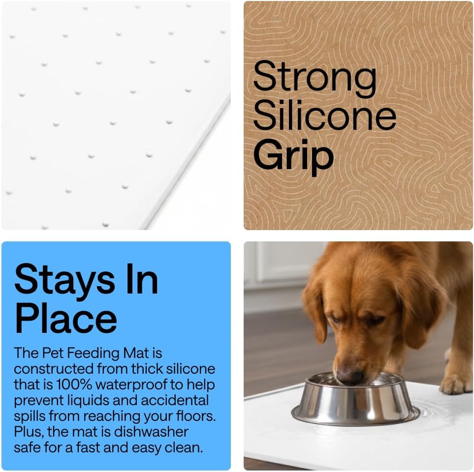 GORILLA GRIP 100% Waterproof Raised Edge BPA Free Silicone Pet Feeding Mat, Dog Cat Food Mats Contain Spills Protects Floors, Placemats for Cats and Dogs Water Bowl, 18.5x11.5, Gray