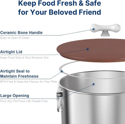 Paw Libero 25 Lbs Stainless Steel Dog Food Storage Container with Airtight Lid & Ceramic Bone Handle, Large Metal Dog Food Bin for Dogs & Cats, Keep Fresh, Easy to Clean