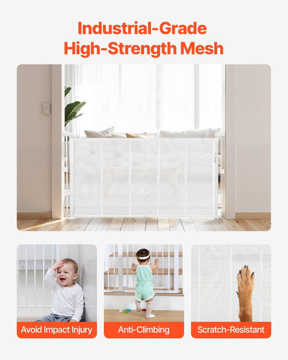 VEVOR Retractable Baby Gate, 34 inch Tall, Extends up to 110 inch Wide, Retractable Gate for Kids or Pets, Mesh Material, Easy to Install for Indoor Stairs, Doorways, Hallways, Playrooms, Gray