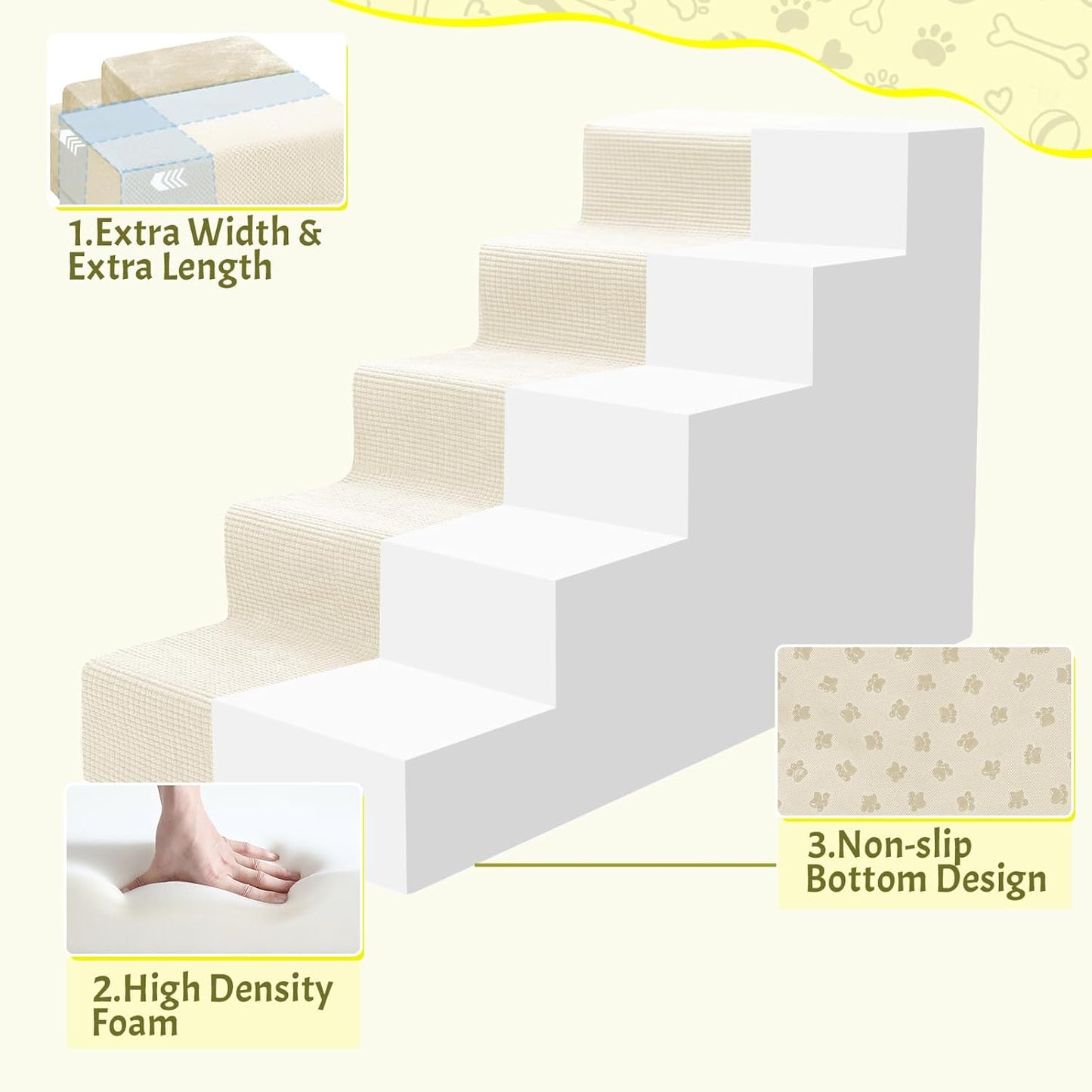 Niubya Dog Stairs for Small Dogs and Cats,18'H Non-Slip Bottom Pet Steps for High Beds and Couch,Extra Wide High-Density Foam Pet Stairs Grey,4 Steps