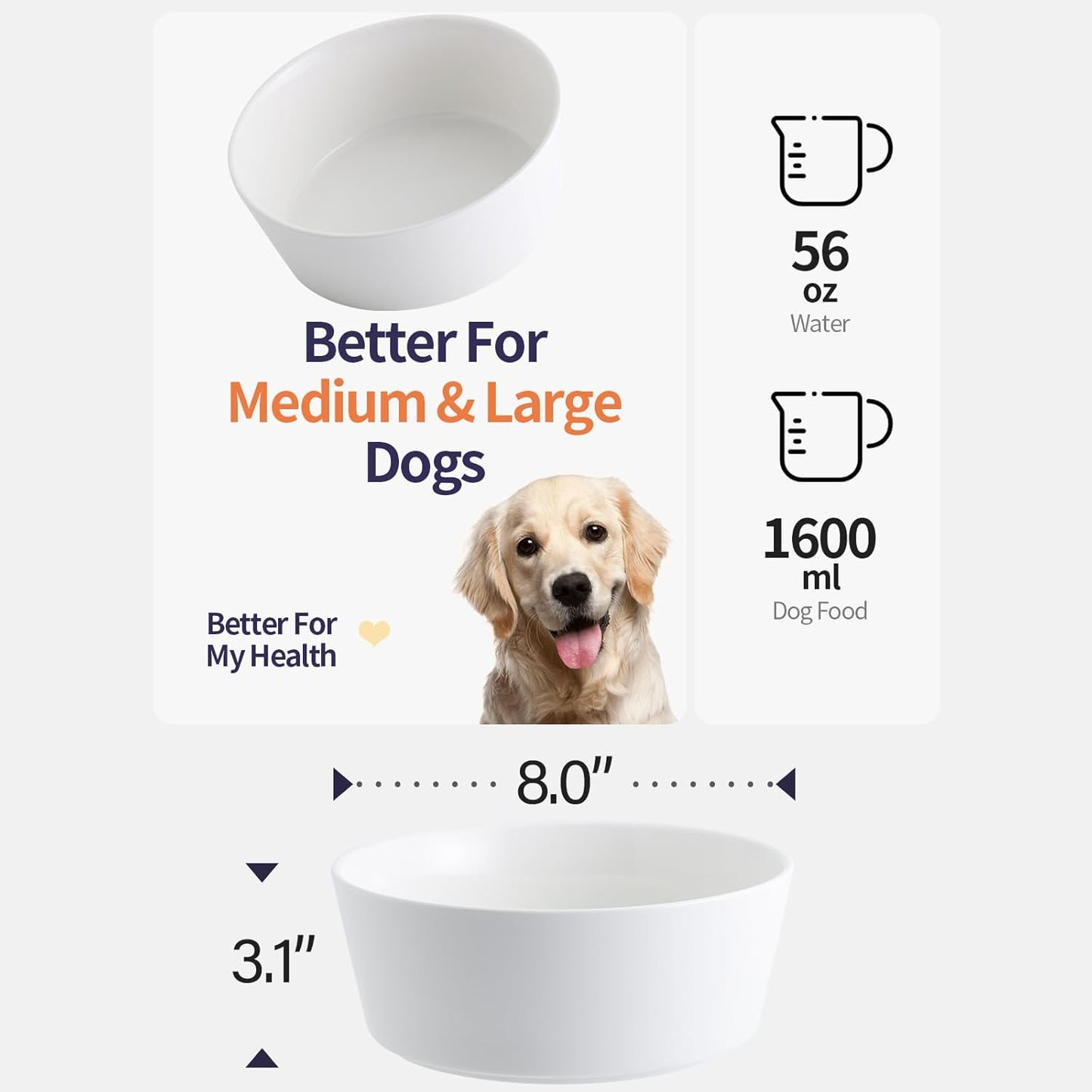 Black Elevated/Raised Dog Bowl Ceramic with Wood Stand for Medium Large Breed,Dog Food Water Dish Heavy Weighted,8 in Non Slip Modern Cute Porcelain Pet Bowl Extra Large