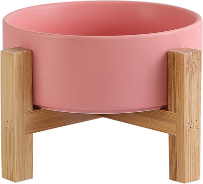 Elevated Ceramic Cat Bowl - Cat Food Bowl with Bamboo Stand - Raised Dog Dish for Puppies - Anti Vomiting, Stress Free - 13.5 oz / 400 ml - White