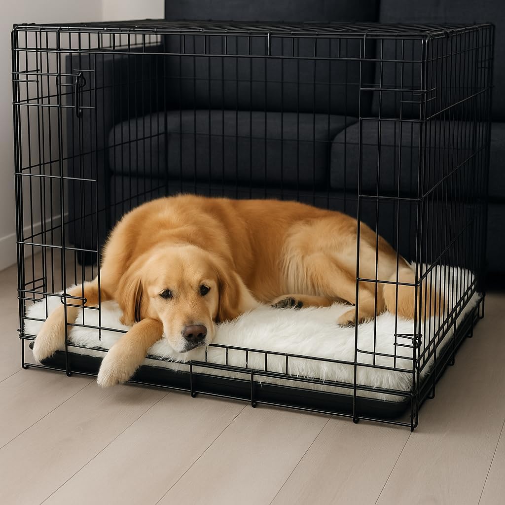 IHAPPYDOG Luxury Faux Fur Orthopedic Dog Bed, Memory Foam Dog Bed for Small, Medium, Large and XL Pets, Fluffy Pet Bed with Waterproof and Washable Cover (White w/Brown Tips, 50"x30")
