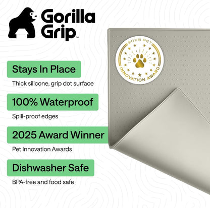 GORILLA GRIP 100% Waterproof Raised Edge BPA Free Silicone Pet Feeding Mat, Dog Cat Food Mats Contain Spills Protects Floors, Placemats for Cats and Dogs Water Bowl, 18.5x11.5, Gray