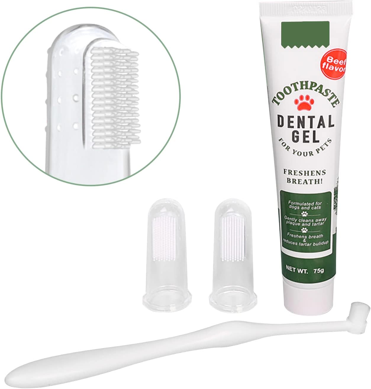 Pet Dog Tooth Brushing Kit - Dog Finger Toothbrush, 360° Toothbrush & Beef Flavor Toothpaste for Dogs Puppy Cats Teeth Oral Cleaning, Fresh Breath, Reduces Plaque & Tartar Buildup Dental Care Kit