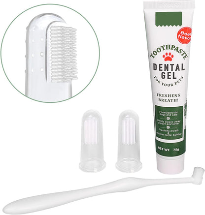 Pet Dog Tooth Brushing Kit - Dog Finger Toothbrush, 360° Toothbrush & Beef Flavor Toothpaste for Dogs Puppy Cats Teeth Oral Cleaning, Fresh Breath, Reduces Plaque & Tartar Buildup Dental Care Kit