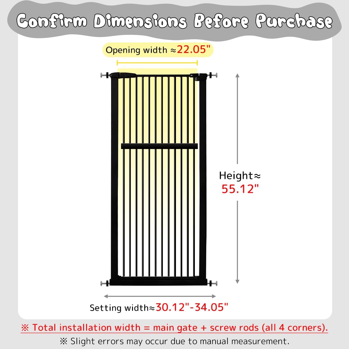 Lumizone Extra Tall Cat Gate 61.02" High Pressure Mounted Extra Wide 30.12"-34.05" (17Sizes) 1.37" Gap No Drilling Auto-Close Tall Pet Gate for Dogs (Black, 30.12"-34.05" W)