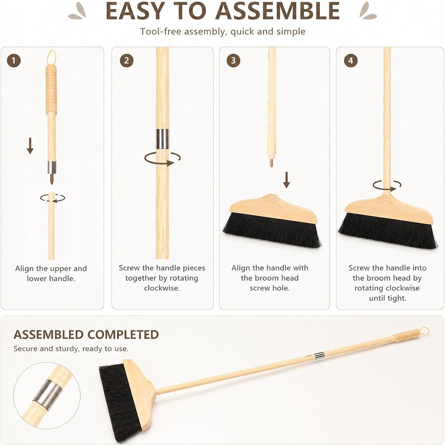 Mikikit Horsehair Broom with Long Handle Soft Bristle Sweeper Wooden Broom Indoor for Hardwood Floors Carpets Home Kitchen Office Pet Hair Cleaning