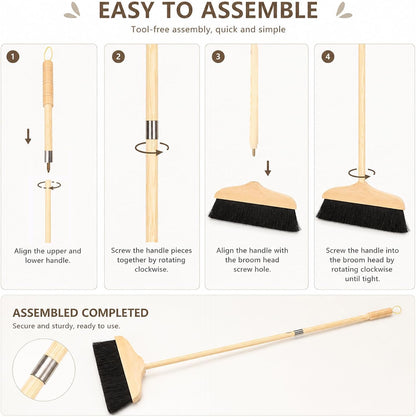 Mikikit Horsehair Broom with Long Handle Soft Bristle Sweeper Wooden Broom Indoor for Hardwood Floors Carpets Home Kitchen Office Pet Hair Cleaning