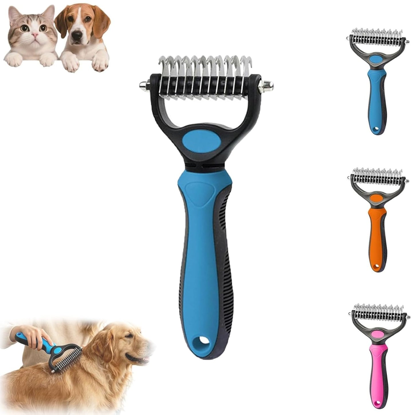 Pet Pro Grooming Tool, 2-in-1 Deshedding Dog Brush with 9/17 Teeth Undercoat Rake for Dogs & Cats, Dual-Sided Stainless Steel Pet Comb for Long Hair & Thick Coats, Non-Slip Ergonomic Handle (Pink-L)