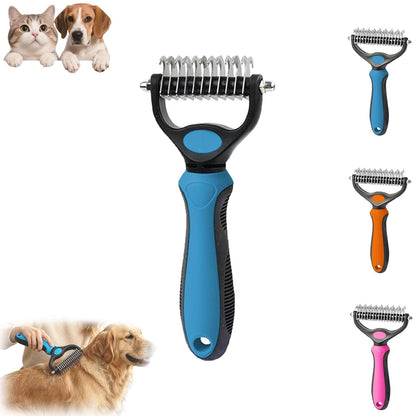 Pet Pro Grooming Tool, 2-in-1 Deshedding Dog Brush with 9/17 Teeth Undercoat Rake for Dogs & Cats, Dual-Sided Stainless Steel Pet Comb for Long Hair & Thick Coats, Non-Slip Ergonomic Handle (Pink-L)